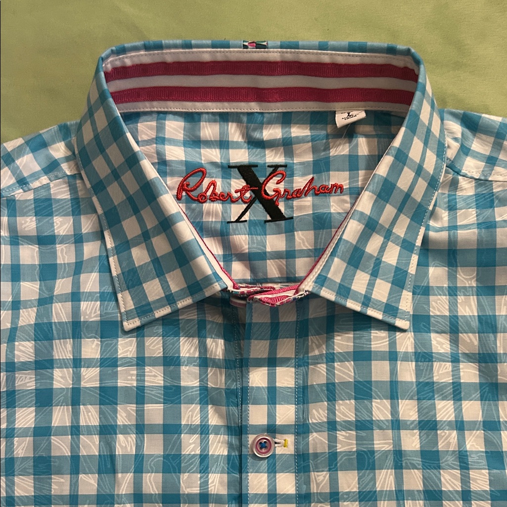 Robert Graham Turquoise And White Checkered Shirt